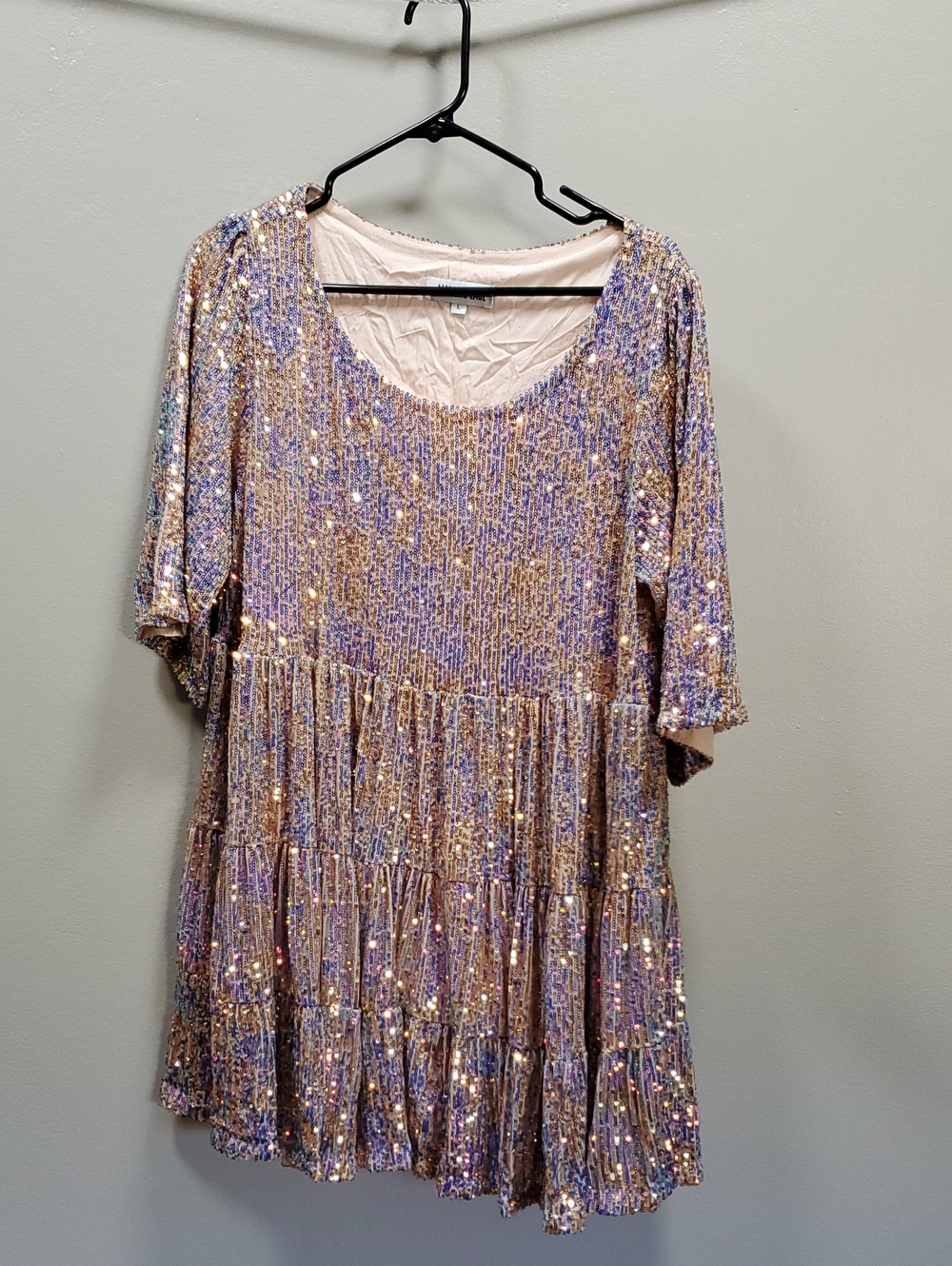 Sequin Babydoll Mini Dress Amazing LACE Cocktail Party New L LARGE Iridescent